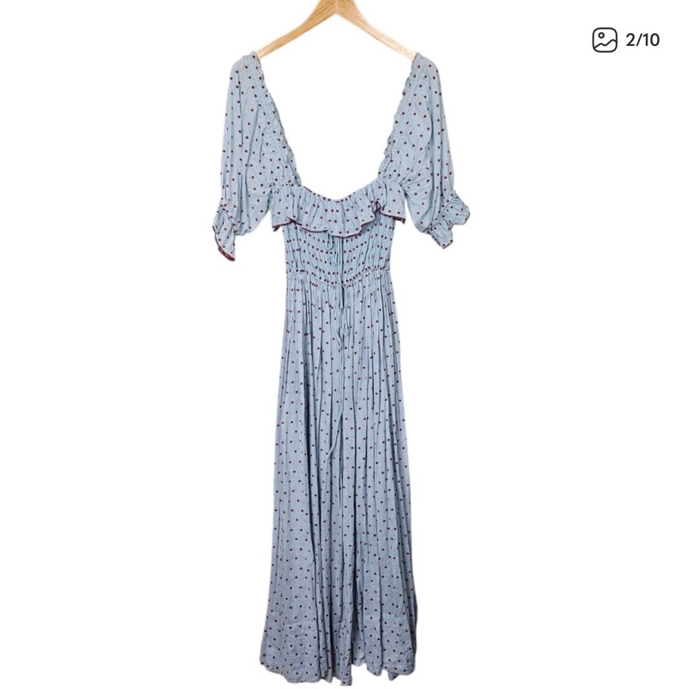 Doen Sol Azure Swiss Dot Light Blue Polka Dot Maxi Dress with Puff Sleeves